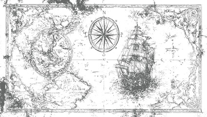 Old world map with sailing ship and compass vintage nautical