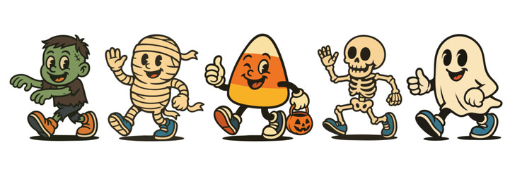 Cute retro Halloween cartoon characters walking together, vintage mascot illustration with zombie, mummy, candy corn, skeleton and ghost