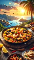 A seafood dish, paella, set on a table with a scenic ocean backdrop
