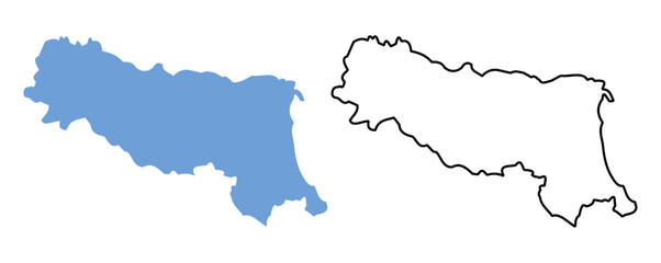 Map of Emilia Romagna is a region of Italy. Map with detailed outlines and blue silhouettes.