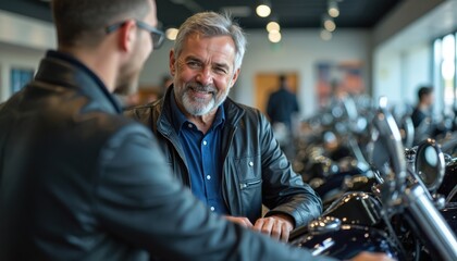 Two men discuss motorcycles in dealership showroom. Older man smiles, talking with younger salesman. Consider bike purchase. Customer service interaction for new vehicle deal. Happy client meets
