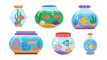 Collection of colorful fishbowls and aquariums with various fish and aquatic plants