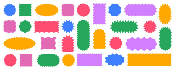 Colorful rectangular square, round oval forms with scalloped borders, squiggly wavy textboxes frames