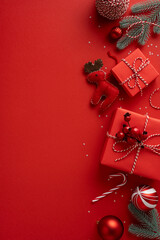 Vertical composition featuring gift boxes wrapped in twine, red ornaments, a plush reindeer, candy canes, and pine sprigs on a bold red backdrop