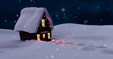 Image of snow falling over house with christmas fairy lights and winter landscape