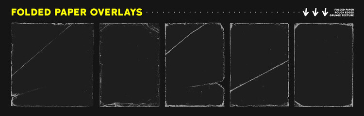 Grunge punk folded paper templates and mockups. Old blank overlay texture with crease effect, wrinkles, vignette and damaged rough edges. Old folded paper frames. Vector grange overlays.