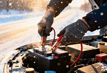Winter car maintenance concept: gloved hands attaching jumper cables to a battery for emergency assistance. essential automobile assistance in cold weather conditions.