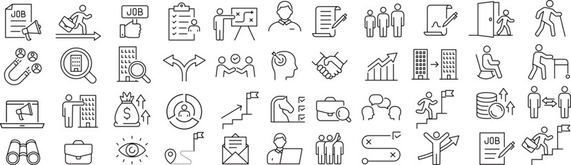 ベクターでモノクロの従業員のライフサイクルに関する線画アイコンセット 