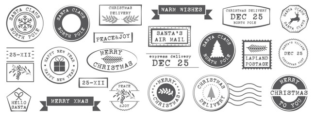 Christmas postmark and mail stamp collection in vintage monochrome. Various postal marks with north pole, santa, and delivery dates. Suitable for retro card design and holiday decoration
