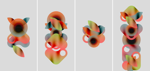 Abstract colorful shapes overlap, creating dynamic compositions. Soft gradients blend hues, forming fluid forms. Minimalist presentation, four panels.