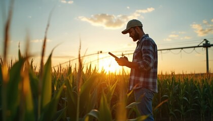 Farmer uses tablet in cornfield at golden sunset. Man monitors crop growth with digital tech. Agriculture worker checks field data with modern device, smart farming solution, improving farm