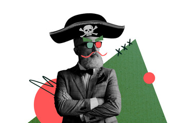 Composite trend artwork 3D sketch photo collage of caricature aged man happy hallowing costume pirate headwear eyeglasses beard mustache