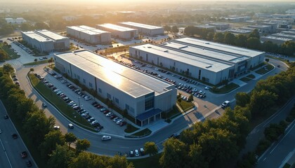 Aerial view of large modern data center campus with multiple white buildings and solar panels on rooftops surrounded by trees and roads with cars in sunny day.