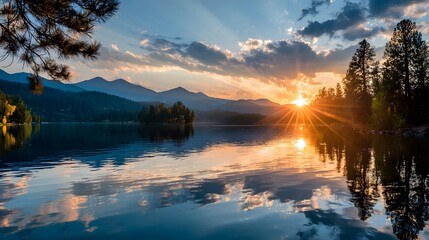 Sunburst over lake reflects mountains and trees at dawn.