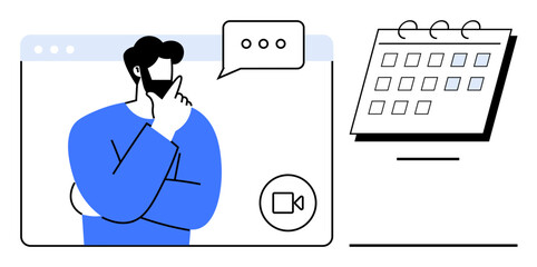 Man in video call window thinking about scheduling or planning, with speech bubble and calendar. Ideal for remote work, time management, decision-making, communication, scheduling, planning, online