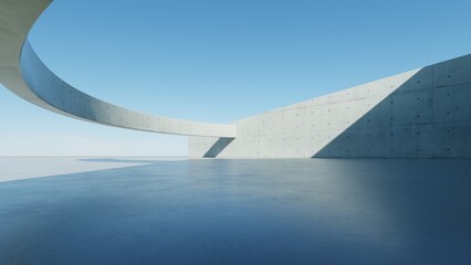 3d render of abstract modern concrete architecture background, Minimal circle geometry architectural design, Car presentation backdrop with empty concrete floor, Geometric white blocks building design