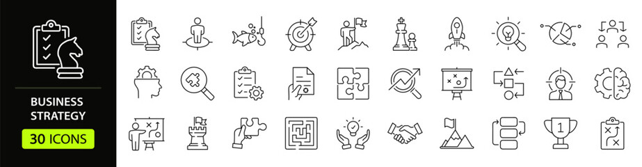 Business strategy set of web icons in line style. A collection of linear icon representing key business concepts, including market analysis, strategy, leadership, innovation, planning. Editable stroke