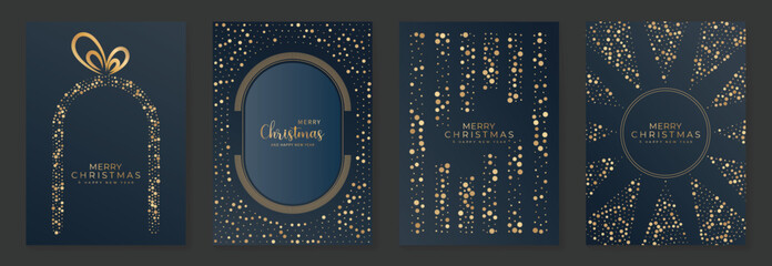 Luxury Merry Christmas Happy Holiday and Happy New Year Vector Greeting Card Set with Gold Sparkle Lights on Dark Blue Background