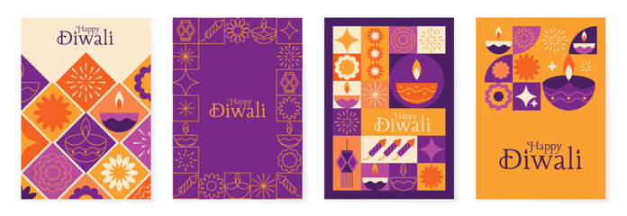 Happy Diwali light festival poster vector set. Diwali festival wallpaper design with colorful lantern, floating lights, firework. Culture Illustration design for celebration, greeting, card, ads.