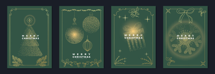 Elegant green and gold Merry Christmas greeting card vector set with sparkling line art tree, ornaments, snowflakes, bells, and festive holiday decorations