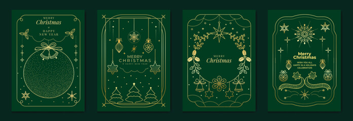 Elegant Merry Christmas and Happy New Year greeting card vector set with gold line art decorations, green background, holiday frames for celebration