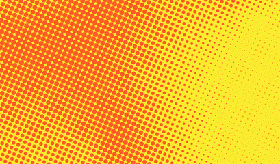 Retro comic-style halftone pattern with large red dots over a yellow gradient. Bright and energetic pop art background.