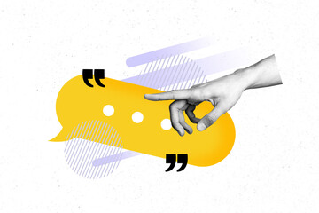 Photo art image poster 3d banner collage of human hands point bubble communication chatterbox icon dialogue phrase speech
