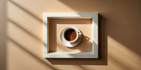 A white coffee cup sits centered in a sleek frame on a tan background. Soft shadows stretch across the surface, creating a calm and inviting atmosphere during midday