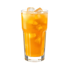 Tall glass filled with orange liquid and ice cubes on a black background view on transparent background