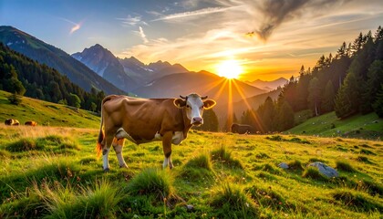 Cow grazes in a sunlit alpine meadow with a mountain range backdrop