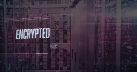 Revealing server rack unit pulsing status lights in dim data center, with encrypted PROC overlay