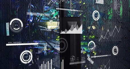 Displaying server rack behind hex mesh panel in data center with cables, lights and data overlays