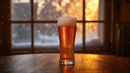 A glass of beer sits on a table amid snowy winter conditions.