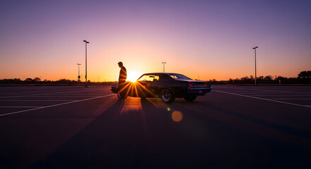 Silhouette of a man standing next to a classic car at sunset in a parking lot.