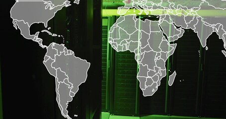 Flashing green LED lights illuminating server rack cabinets in data center, with world map overlay
