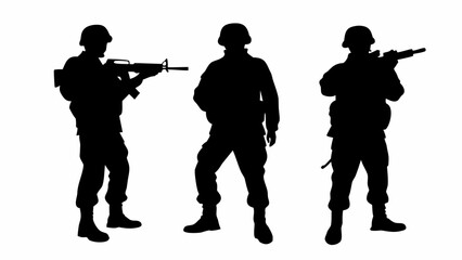 Silhouettes of three soldiers in uniform holding rifles standing against a white background in a row