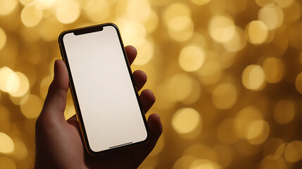 Golden hour meets tech. A hand holds a sleek smartphone with a blank screen, spotlighted against a backdrop of glowing golden bokeh. Perfect for showcasing mobile apps.