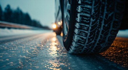 Car wheel with snow on a winter tire driving on a slippery road at night. Dangerous driving condition concept footage