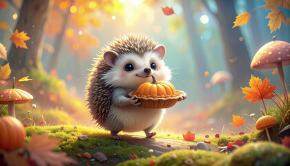 Adorable Hedgehog with a Pumpkin Pie in a Sunny Autumn Forest