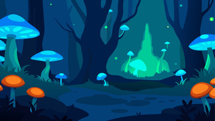 Enchanted forest with glowing mushrooms and mysterious cave entrance
