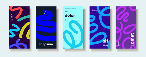 A vibrant collection of five abstract posters featuring playful, colorful squiggles and bold typography. Each design showcases a unique combination of colors and shapes, creating a modern and dynamic