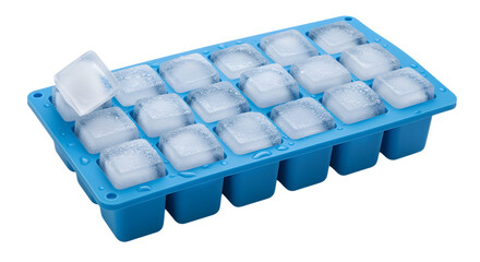 Blue silicone ice cube tray filled with frozen cubes and one removed for use