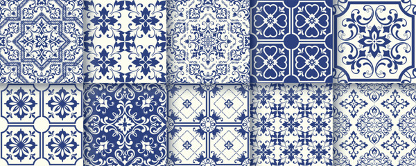 Collection of 10 flower Azulejo tiles. Seamless colorful patterns in azulejo style. Floor tile oriental collection seamless textures. Portugal spanish ceramics. Vector 