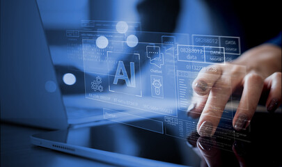 AI Artificial Intelligence technology for data analysis, research, planning and work generate programming. Man using laptop and AI assistant dashboard. AI agents and agentic workflows
