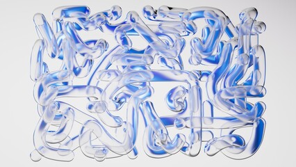 Abstract geometric maze structure made of glass tubes, isolated on white background. Blue objects are refracted through the transparent surfaces. 3D rendering illustration.