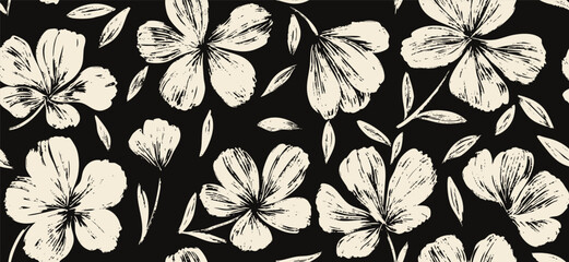 Leaves branch and Hand Drawn doodle Scribble floral plants banner, seamless pattern. Creative minimalist Abstract art background. Design wall decoration, postcard, poster and brochure