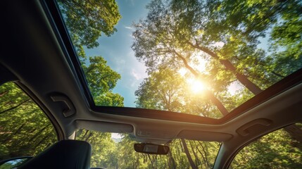 Bright sunlight streams through a cars sunroof with lush green trees surrounding the road.