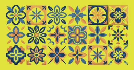 Mediterranean Tile Pattern Vector Collection, Traditional Ceramic Ornaments, Portuguese and Spanish Mosaic Designs, Colorful Decorative Floor and Wall Textures