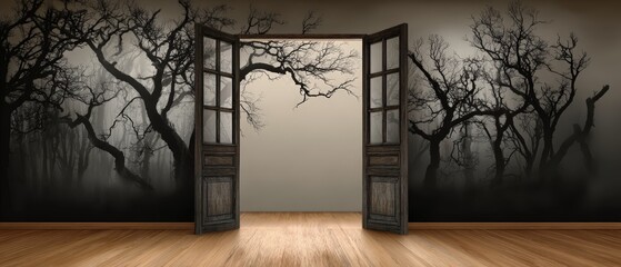 Open French Doors Leading to a Mystical Forest Scene with Shadowy Trees and Foggy Atmosphere in a Room