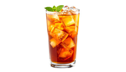 A tall glass of iced tea with ice cubes and mint garnish against a black backdrop